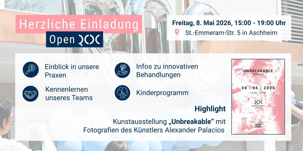 Tag der offenen Tür mit Vernissage im ROC Regenerativen Centrum Aschheim am 8. Mai 2026 von 15 bis 19 Uhr. Einblicke in regenerative Medizin, Team und moderne Therapiekonzepte